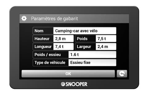 paramètres de gabarit gps camping car snooper