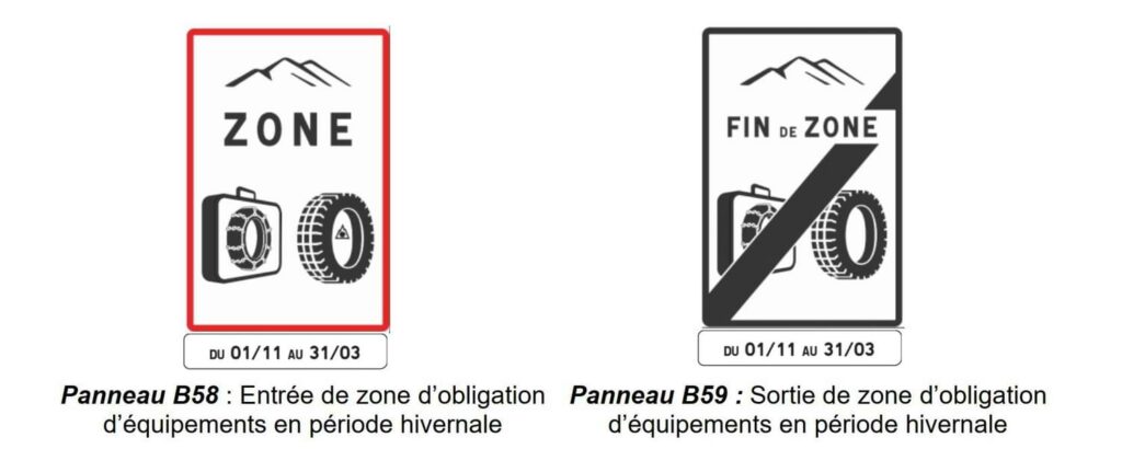 panneau B59 loi zone de pneu équipement neige obligatoire