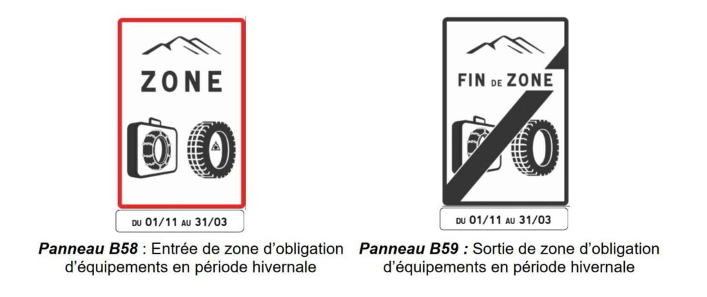 panneau B59 loi zone de pneu équipement neige obligatoire